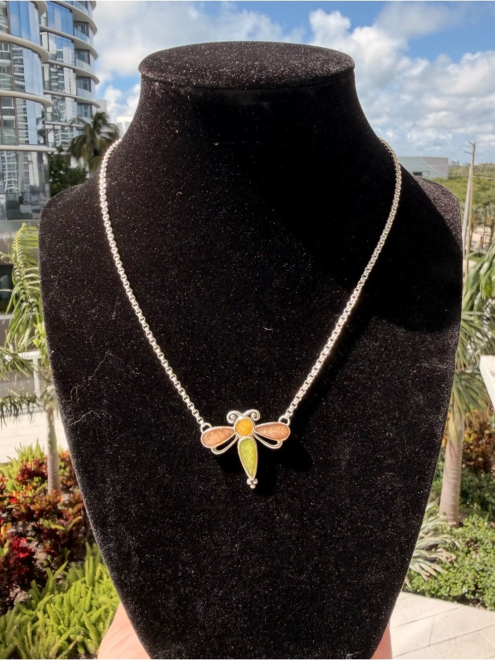 Carolyn Pollack Relios 925 Sterling Silver Dragonfly Enamel Necklace, Vtg, 16”
